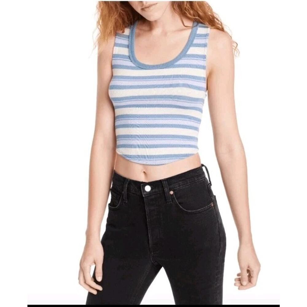 Free People “Workshop” Tie Back Tank Top in Chambray Combo Sz XS Striped Cropped